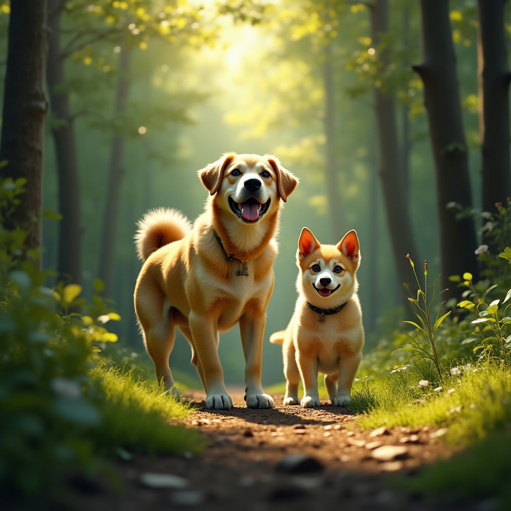 Group of dogs playing in the forest