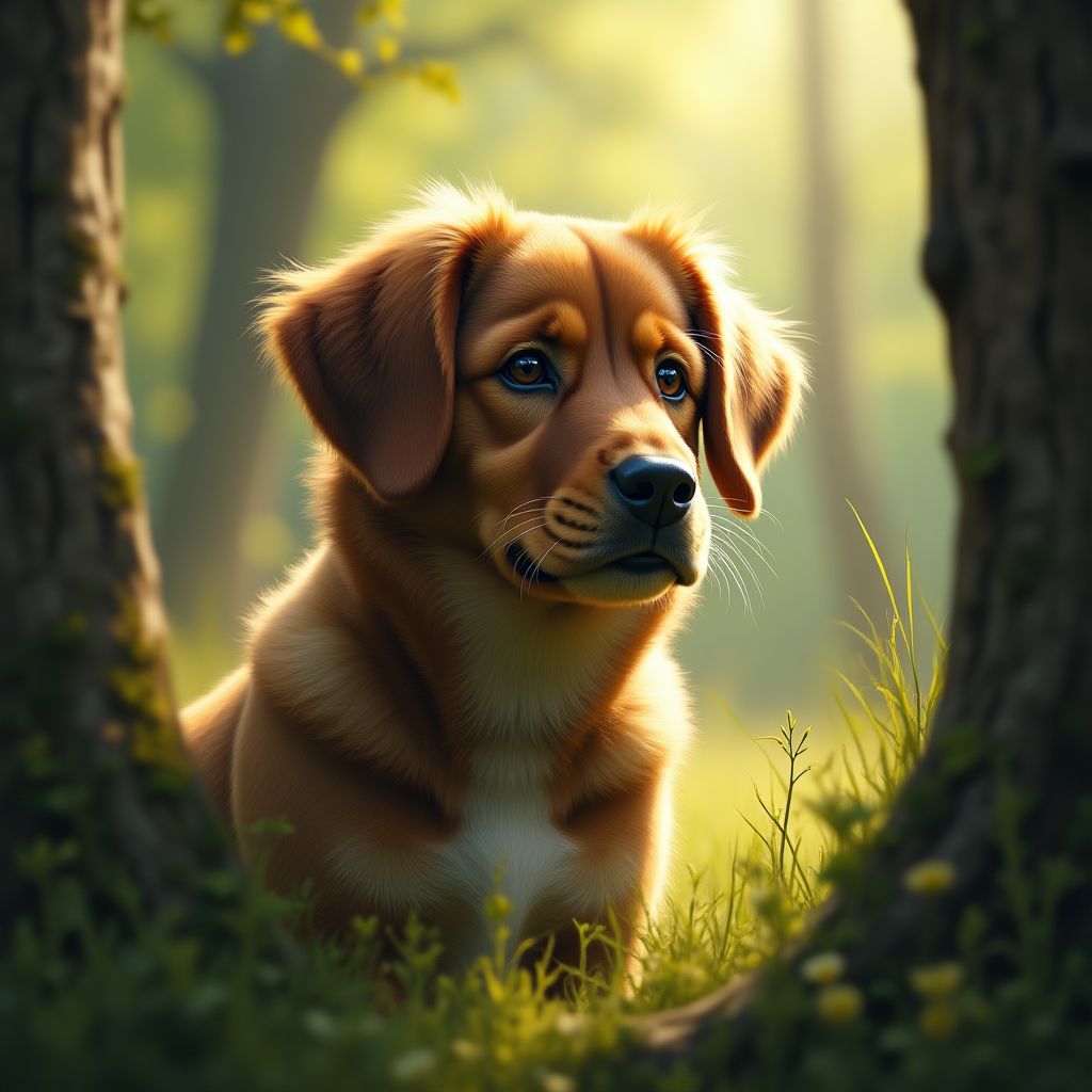 Sunlight filtering through forest trees with dogs