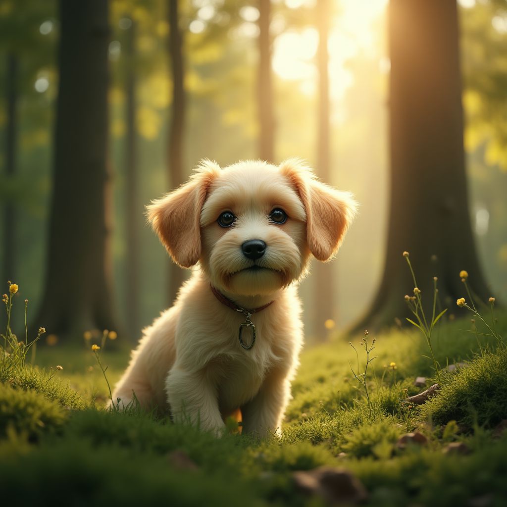 Dogs playing near a forest stream