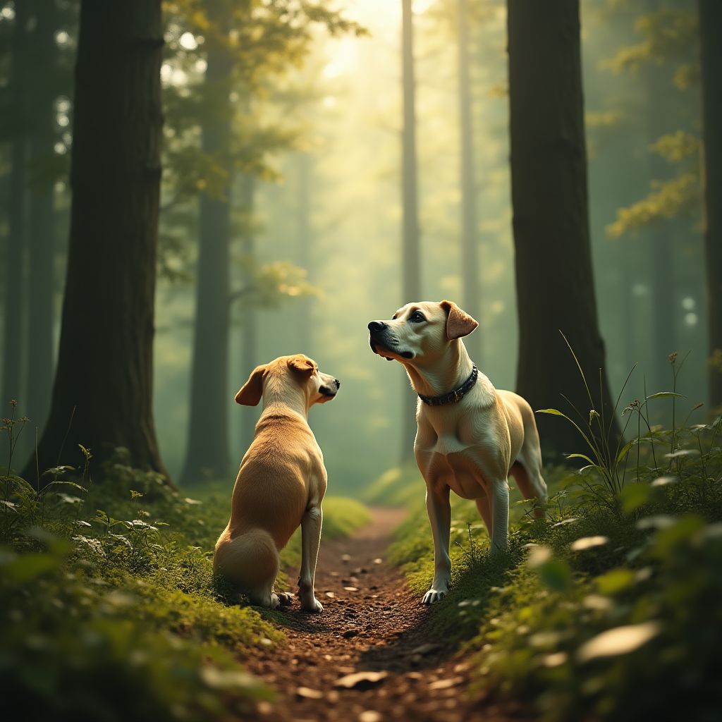 Group of dogs enjoying a forest trail