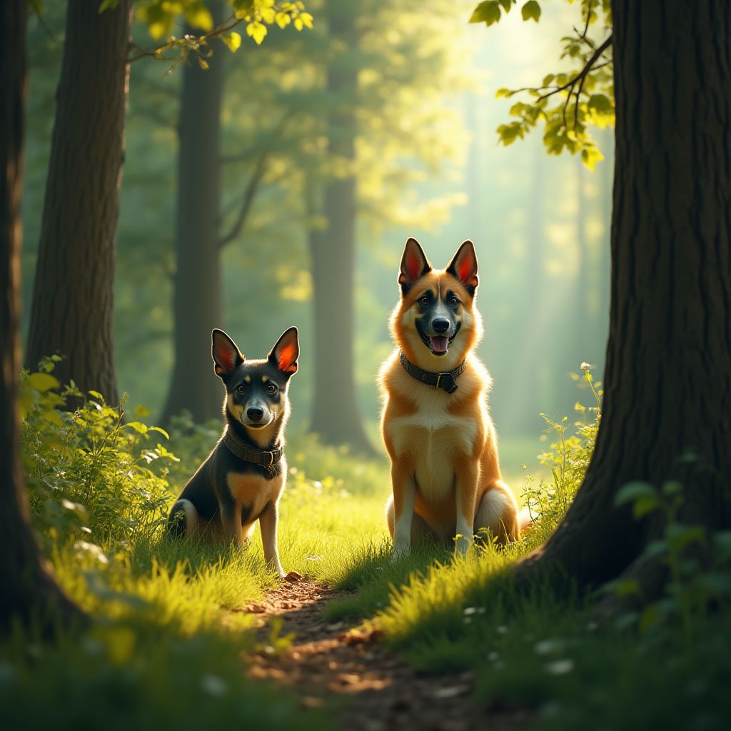 Dogs exploring a wooded trail