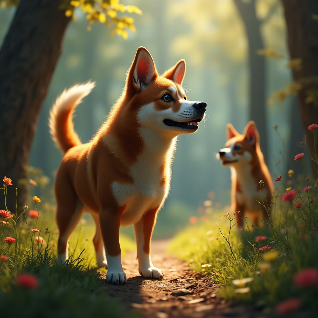 Group of dogs playing in a clearing