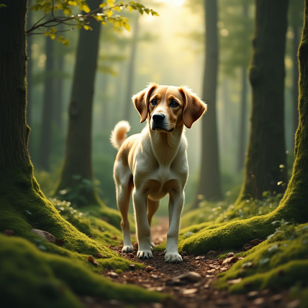 Hikers with their dogs on a forest path